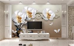 تصویر 4 از گالری عکس پوستر دیواری سه بعدی گل های سفید طلایی و پروانه های سفید