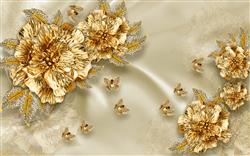 تصویر 1 از گالری عکس پوستر دیواری سه بعدی گل های طلایی و پس زمینه بژ