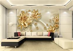 تصویر 4 از گالری عکس پوستر دیواری سه بعدی گل های طلایی و پس زمینه بژ