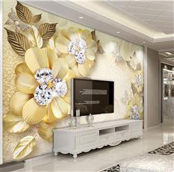 تصویر 2 از گالری عکس پوستر دیواری سه بعدی گل های طلایی با الماس های وسط و پروانه ها