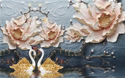 تصویر 1 از گالری عکس پوستر دیواری سه بعدی گل های کرم و قو های طلایی در آب