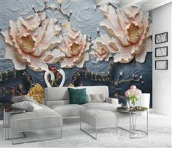 تصویر 3 از گالری عکس پوستر دیواری سه بعدی گل های کرم و قو های طلایی در آب