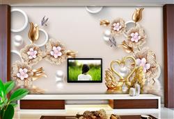 تصویر 2 از گالری عکس پوستر سه بعدی قوهای طلایی و گل های جواهرنشان صورتی در آب