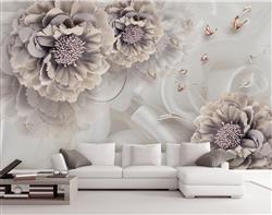 تصویر 4 از گالری عکس پوستر دیواری سه بعدی گل های نقره ها و بنفش با تم پرده ای
