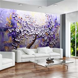 تصویر 2 از گالری عکس پوستر دیواری سه بعدی درخت شکوفه های بنفش  رنگ روغن