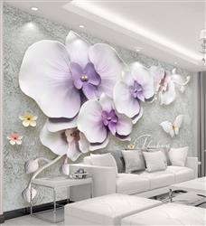 تصویر 2 از گالری عکس پوستر دیواری سه بعدی گل های بنفش سفید با پروانه های زیبا