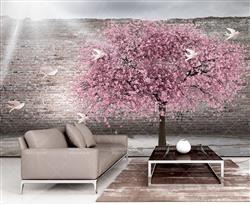 تصویر 2 از گالری عکس پوستر دیواری سه بعدی درخت با شکوفه های صورتی و پرنده های سفید