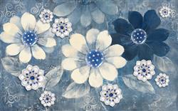 تصویر 1 از گالری عکس پوستر دیواری سه بعدی گل های سفید آبی با پس زمینه نقاشی شده