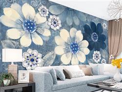تصویر 2 از گالری عکس پوستر دیواری سه بعدی گل های سفید آبی با پس زمینه نقاشی شده