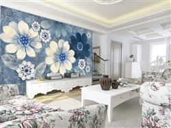 تصویر 4 از گالری عکس پوستر دیواری سه بعدی گل های سفید آبی با پس زمینه نقاشی شده