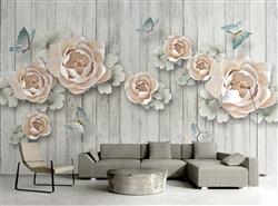 تصویر 2 از گالری عکس پوستر دیواری سه بعدی گل های مسی و پروانه های آبی با پس زمینه چوبی