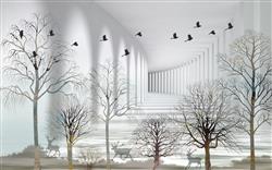 تصویر 1 از گالری عکس پوستر دیواری سه بعدی درختان خشک و کلاغ ها در آسمان