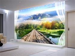 تصویر 2 از گالری عکس پوستر دیواری سه بعدی منظره ی کوه و جنگل با پل چوبی