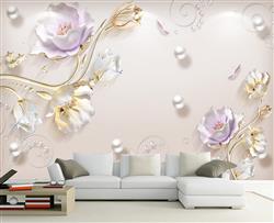 تصویر 5 از گالری عکس پوستر دیواری سه بعدی گل های طلایی و بنفش با گوی های نقره ای