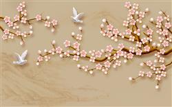 تصویر 1 از گالری عکس پوستر سه بعدی شاخه های درخت با شکوفه های صورتی و پرنده های سفید