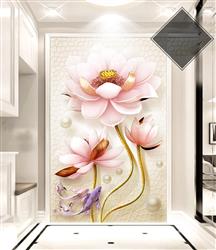 تصویر 2 از گالری عکس پوستر دیواری سه بعدی گل های صورتی با تم نقاشی و ساقه های طلایی