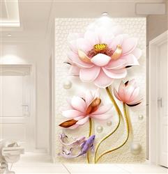 تصویر 4 از گالری عکس پوستر دیواری سه بعدی گل های صورتی با تم نقاشی و ساقه های طلایی