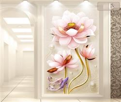 تصویر 5 از گالری عکس پوستر دیواری سه بعدی گل های صورتی با تم نقاشی و ساقه های طلایی