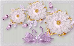 تصویر 1 از گالری عکس پوستر دیواری سه بعدی گل های بنفش و سفید با قو های بنفش