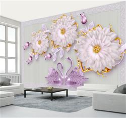 تصویر 3 از گالری عکس پوستر دیواری سه بعدی گل های بنفش و سفید با قو های بنفش