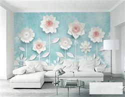 تصویر 3 از گالری عکس پوستر دیواری سه بعدی گل های سفید با پس زمینه ی آبی فیروزه ای