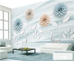 تصویر 2 از گالری عکس پوستر دیواری سه بعدی گل های آبی و نارنجی با پس زمینه و برگ های سفید