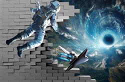 تصویر 1 از گالری عکس پوستر دیواری سه بعدی دیواره تخریب شده و فضانورد در کهکشان