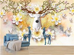 تصویر 3 از گالری عکس پوستر دیواری سه بعدی سر گوزن و گل های زرد و سفید
