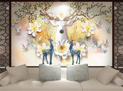 تصویر 7 از گالری عکس پوستر دیواری سه بعدی سر گوزن و گل های زرد و سفید