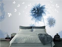 تصویر 4 از گالری عکس پوستر دیواری سه بعدی گل های آبی با پروانه های نقاشی شده ی سفید