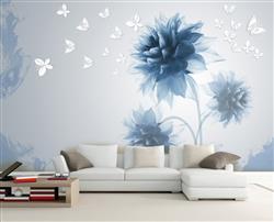 تصویر 5 از گالری عکس پوستر دیواری سه بعدی گل های آبی با پروانه های نقاشی شده ی سفید
