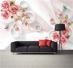 تصویر 2 از گالری عکس پوستر دیواری سه بعدی گل های صورتی و دایره های سفید