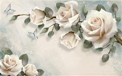 تصویر 1 از گالری عکس پوستر دیواری سه بعدی نقاشی گل های سفید با برگ های سبز و پس زمینه ی همرنگ