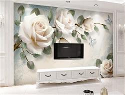 تصویر 3 از گالری عکس پوستر دیواری سه بعدی نقاشی گل های سفید با برگ های سبز و پس زمینه ی همرنگ