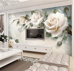 تصویر 4 از گالری عکس پوستر دیواری سه بعدی نقاشی گل های سفید با برگ های سبز و پس زمینه ی همرنگ