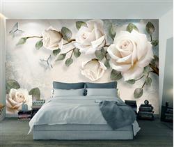 تصویر 6 از گالری عکس پوستر دیواری سه بعدی نقاشی گل های سفید با برگ های سبز و پس زمینه ی همرنگ