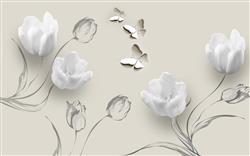 تصویر 1 از گالری عکس پوستر دیواری سه بعدی گل های سفید با پروانه ها و پس زمینه ی خاکستری