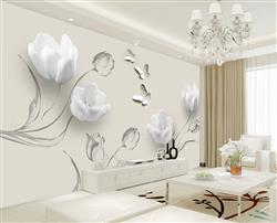تصویر 2 از گالری عکس پوستر دیواری سه بعدی گل های سفید با پروانه ها و پس زمینه ی خاکستری