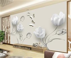 تصویر 3 از گالری عکس پوستر دیواری سه بعدی گل های سفید با پروانه ها و پس زمینه ی خاکستری