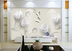 تصویر 4 از گالری عکس پوستر دیواری سه بعدی گل های سفید با پروانه ها و پس زمینه ی خاکستری