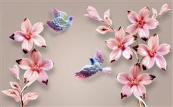 تصویر 1 از گالری عکس پوستر دیواری سه بعدی گل های صورتی با پرندگان آبی بنفش