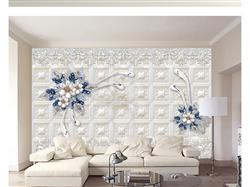تصویر 2 از گالری عکس پوستر دیواری سه بعدی گل های جواهر نشان آبی جوهری با پس زمینه مربعی