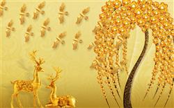 تصویر 1 از گالری عکس پوستر دیواری سه بعدی درخت با برگ های طلا و آهو های طلایی