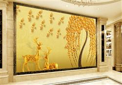 تصویر 2 از گالری عکس پوستر دیواری سه بعدی درخت با برگ های طلا و آهو های طلایی