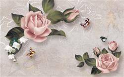 تصویر 1 از گالری عکس پوستر دیواری سه بعدی گل های صورتی با برگ های سبز و پروانه های قهوه ای