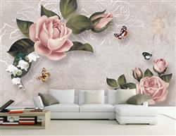 تصویر 2 از گالری عکس پوستر دیواری سه بعدی گل های صورتی با برگ های سبز و پروانه های قهوه ای