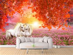 تصویر 3 از گالری عکس پوستر دیواری سه بعدی اسب های سفید در بیشه زار گل های صورتی