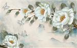 تصویر 1 از گالری عکس پوستر دیواری سه بعدی نقاشی گل های سفید و برگ های سبز با پس زمینه ی سفید