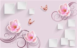 تصویر 1 از گالری عکس پوستر دیواری سه بعدی  گل های صورتی و مربع های سفید و شاخه های بنفش