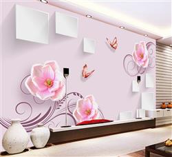 تصویر 2 از گالری عکس پوستر دیواری سه بعدی  گل های صورتی و مربع های سفید و شاخه های بنفش